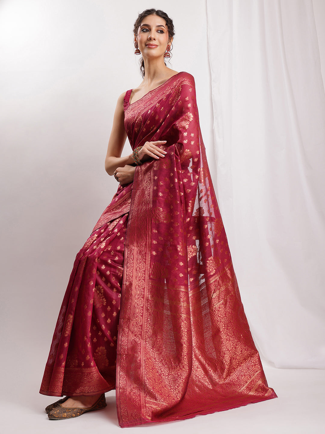 Janasya Fuchsia Silk Blend Floral Jacquard Grab2Buy 