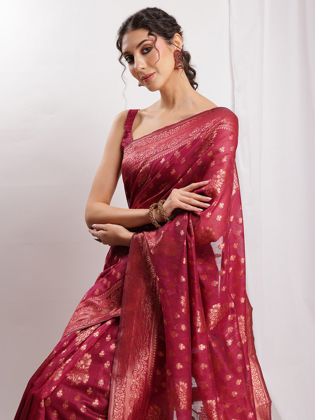 Janasya Fuchsia Silk Blend Floral Jacquard Grab2Buy 