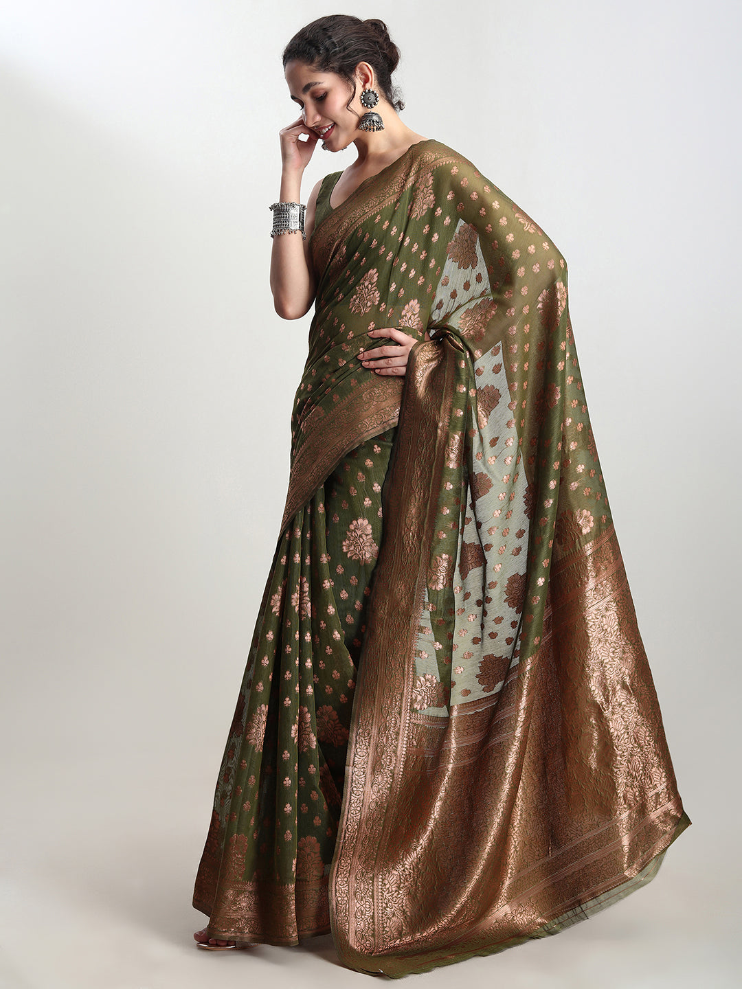 Janasya Green Silk Blend Floral Jacquard Grab2Buy 