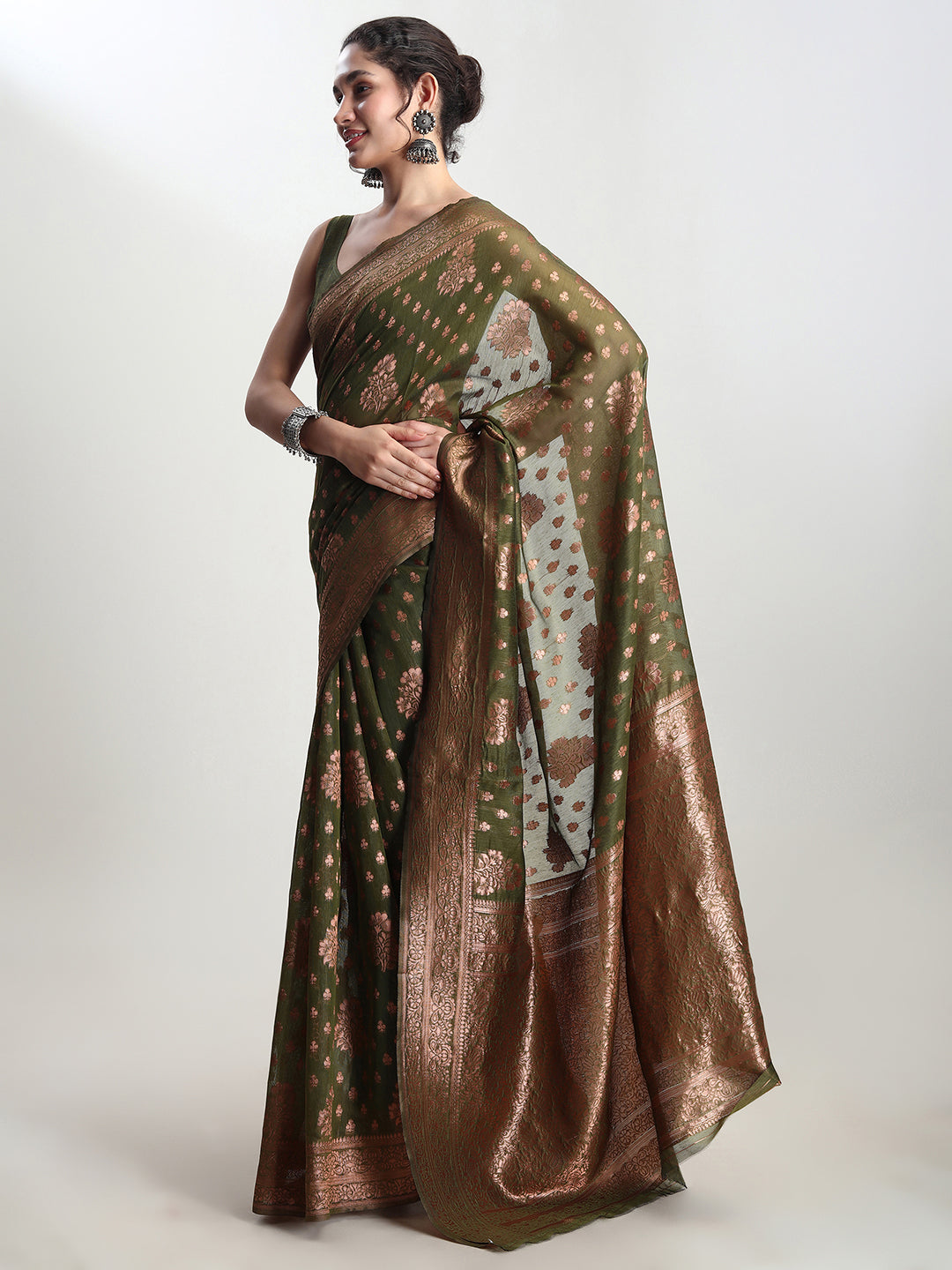 Janasya Green Silk Blend Floral Jacquard Grab2Buy 