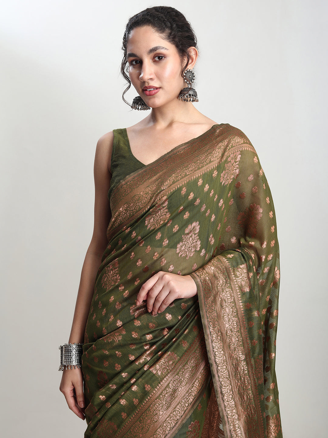Janasya Green Silk Blend Floral Jacquard Grab2Buy 