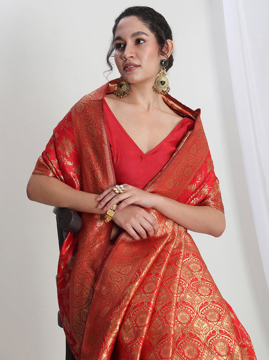 Janasya Red Silk Blend Geometric Jacquard Grab2Buy