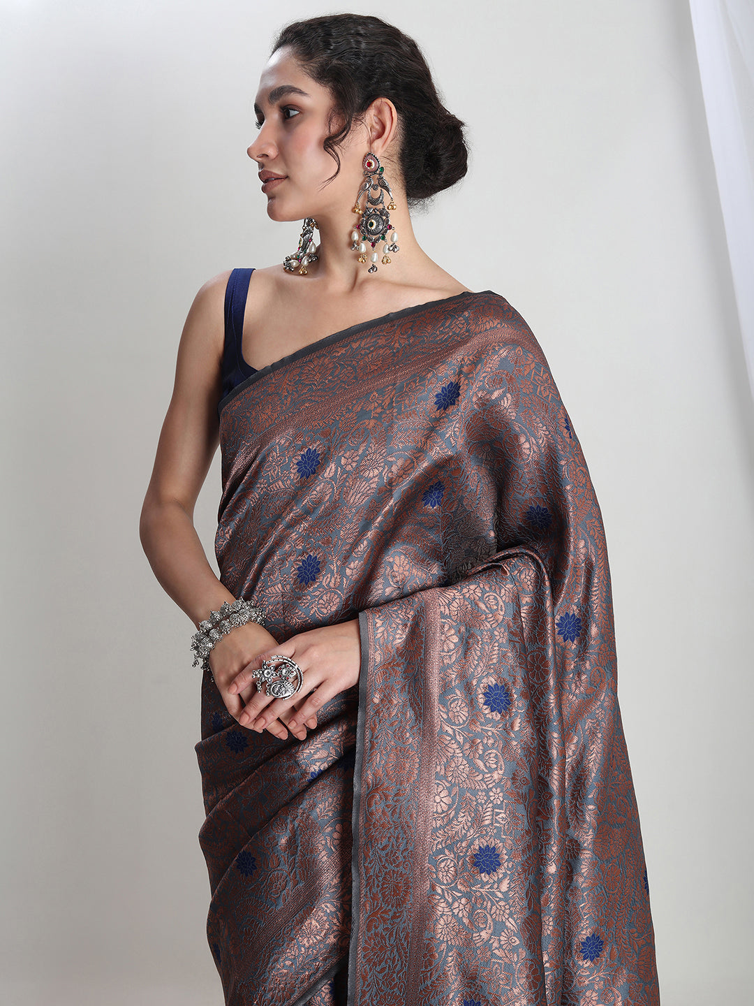 Janasya Grey Silk Blend Floral Jacquard Grab2Buy 