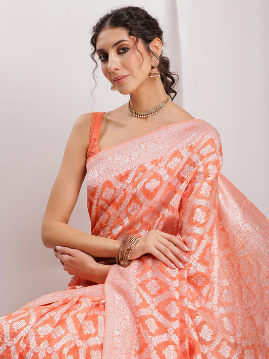 Janasya Peach Silk Blend Floral Jacquard Grab2Buy 