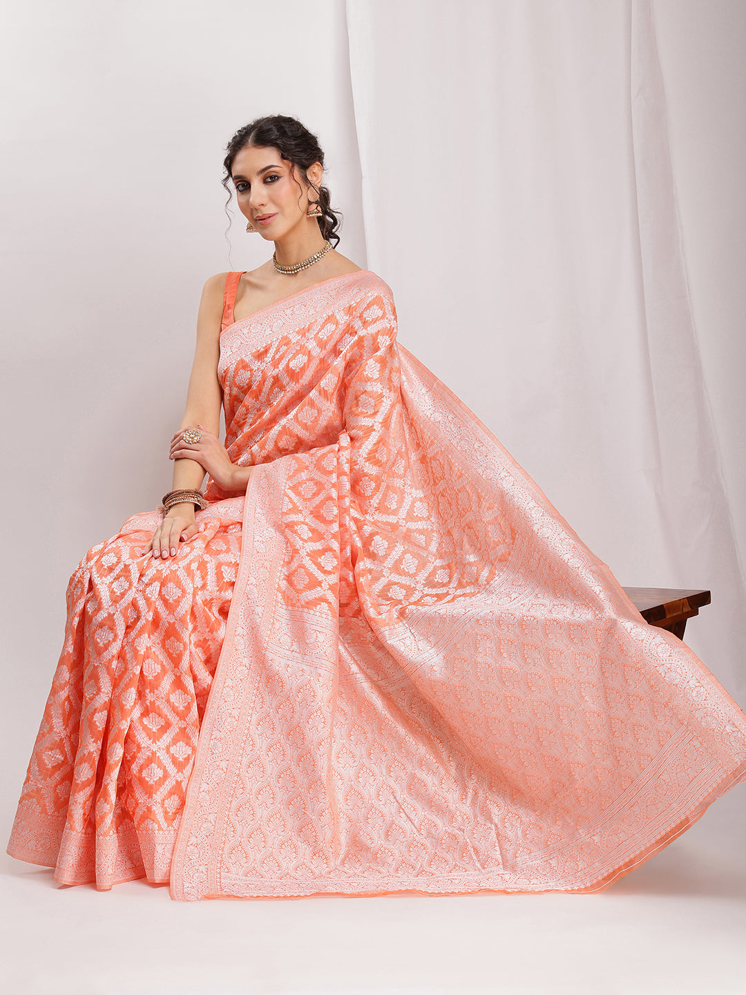 Janasya Peach Silk Blend Floral Jacquard Grab2Buy 