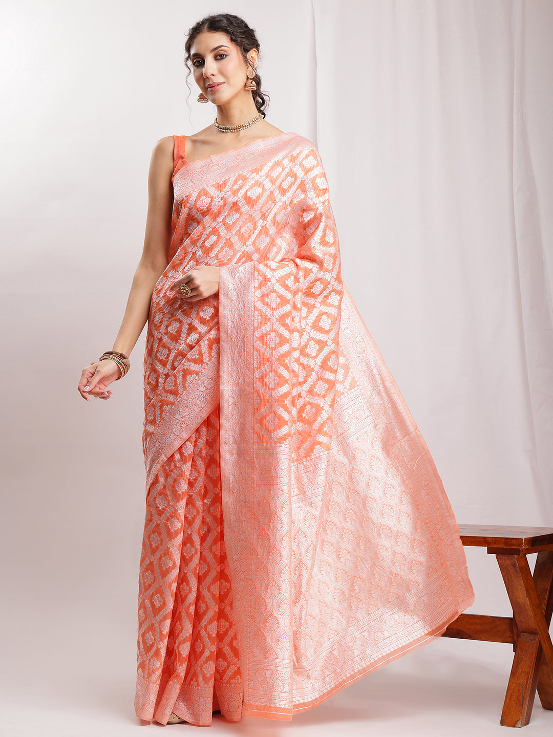 Janasya Peach Silk Blend Floral Jacquard Grab2Buy 
