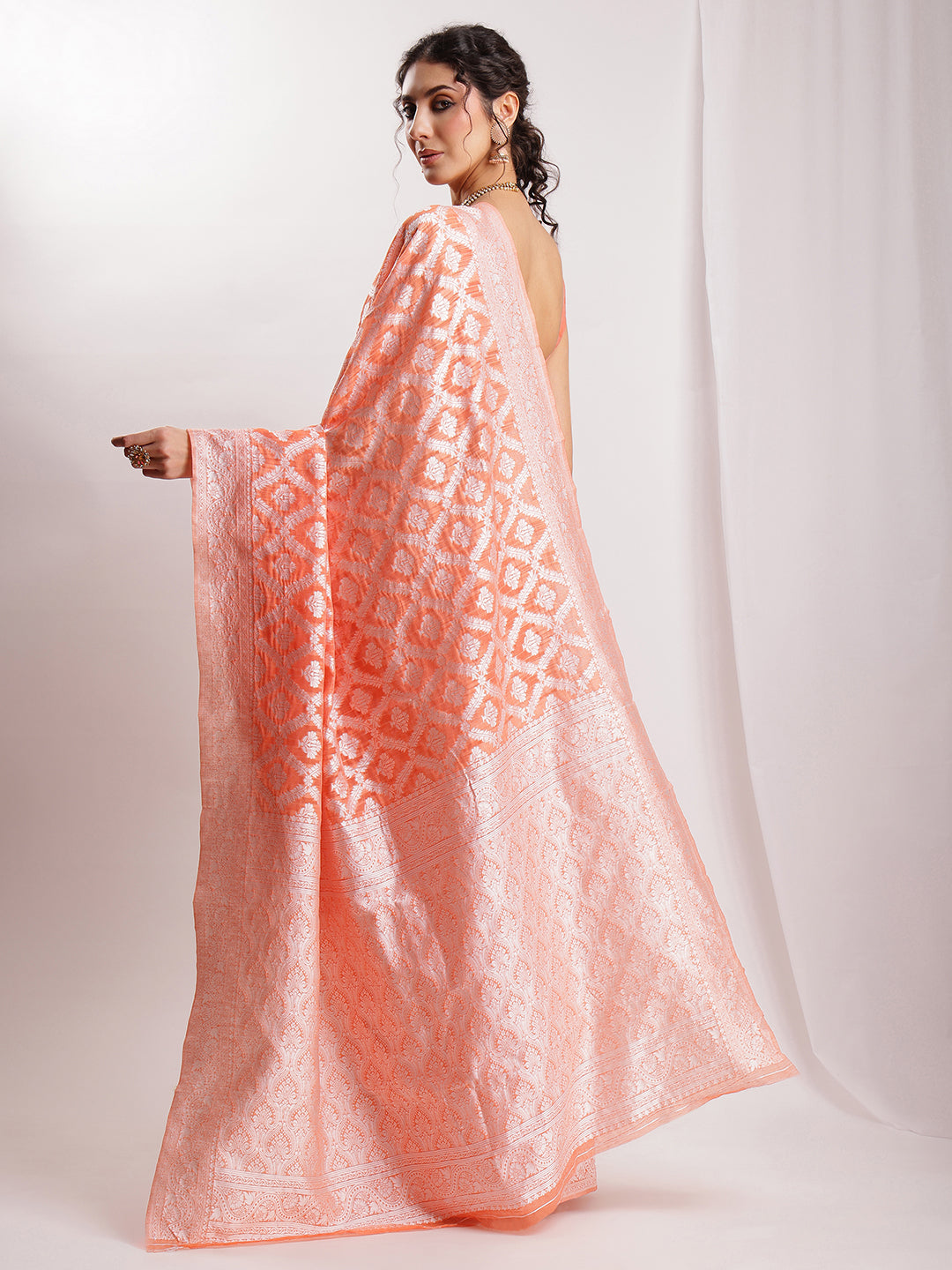 Janasya Peach Silk Blend Floral Jacquard Grab2Buy 