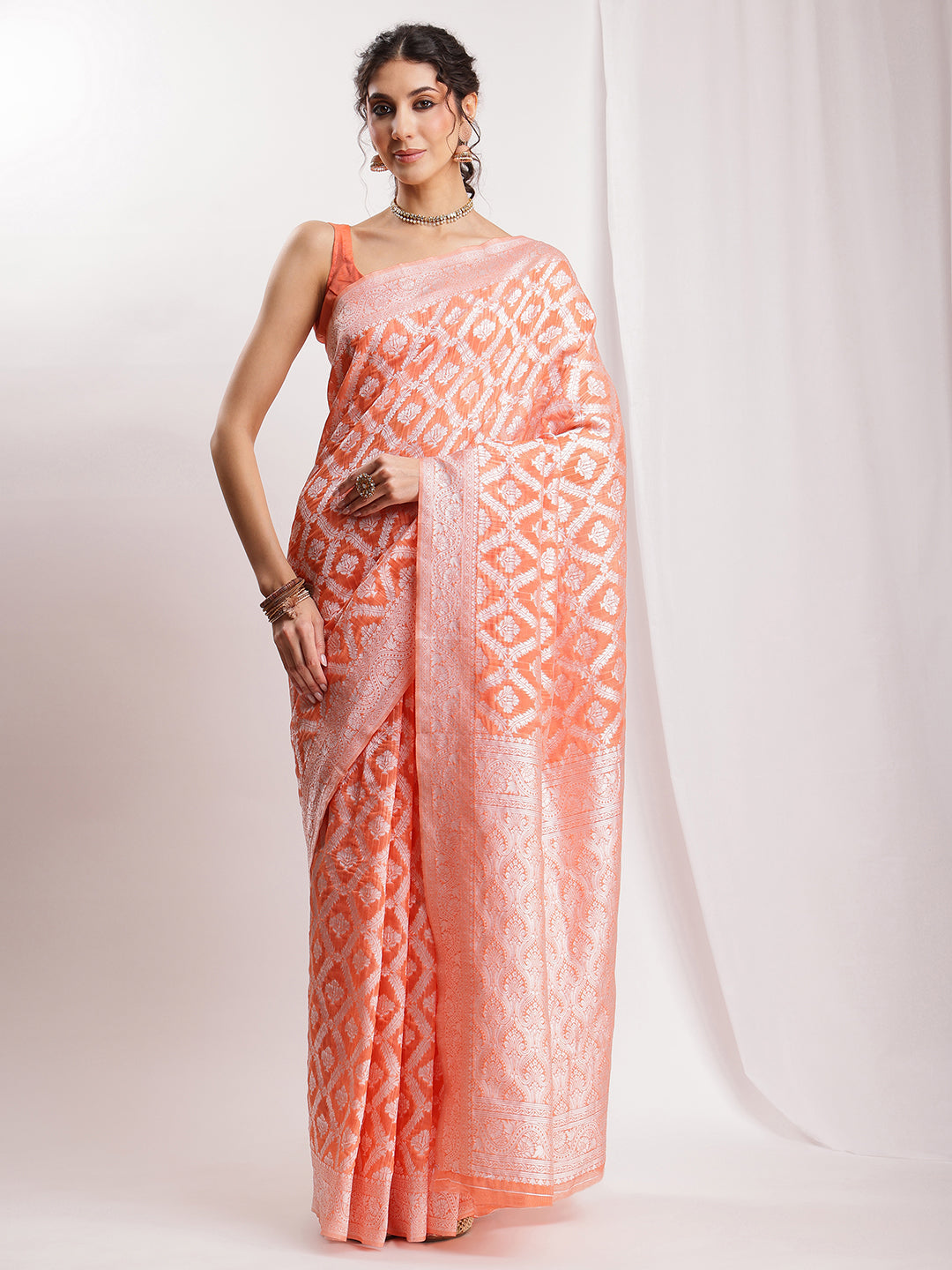 Janasya Peach Silk Blend Floral Jacquard Grab2Buy 