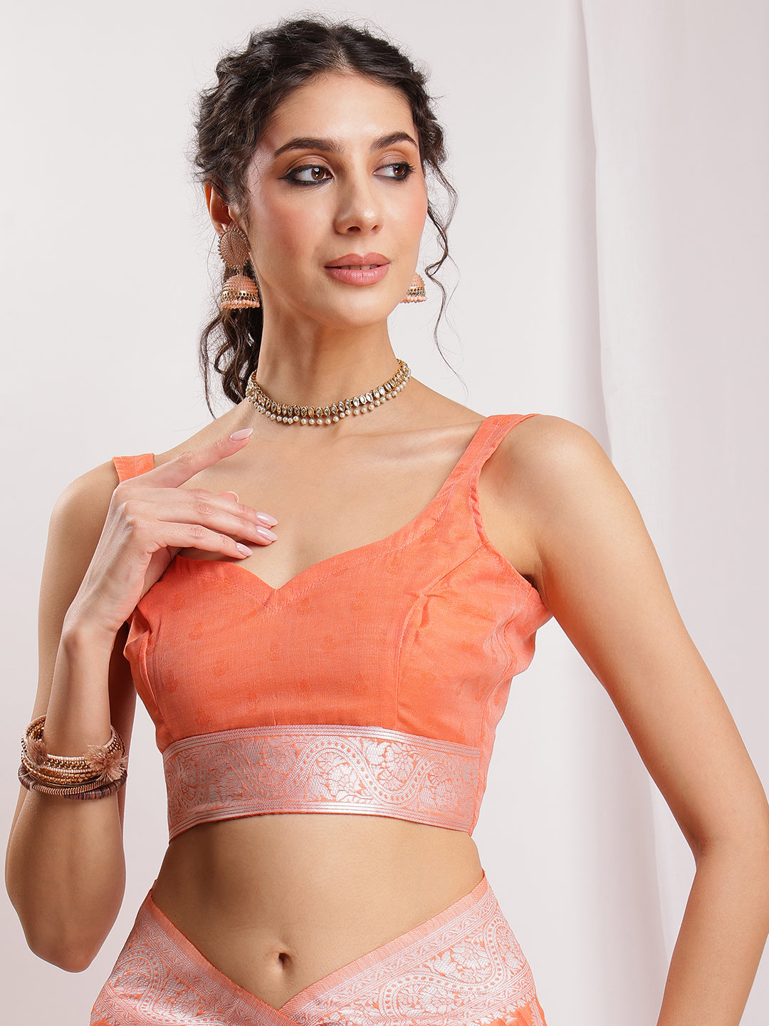 Janasya Peach Silk Blend Floral Jacquard Grab2Buy 