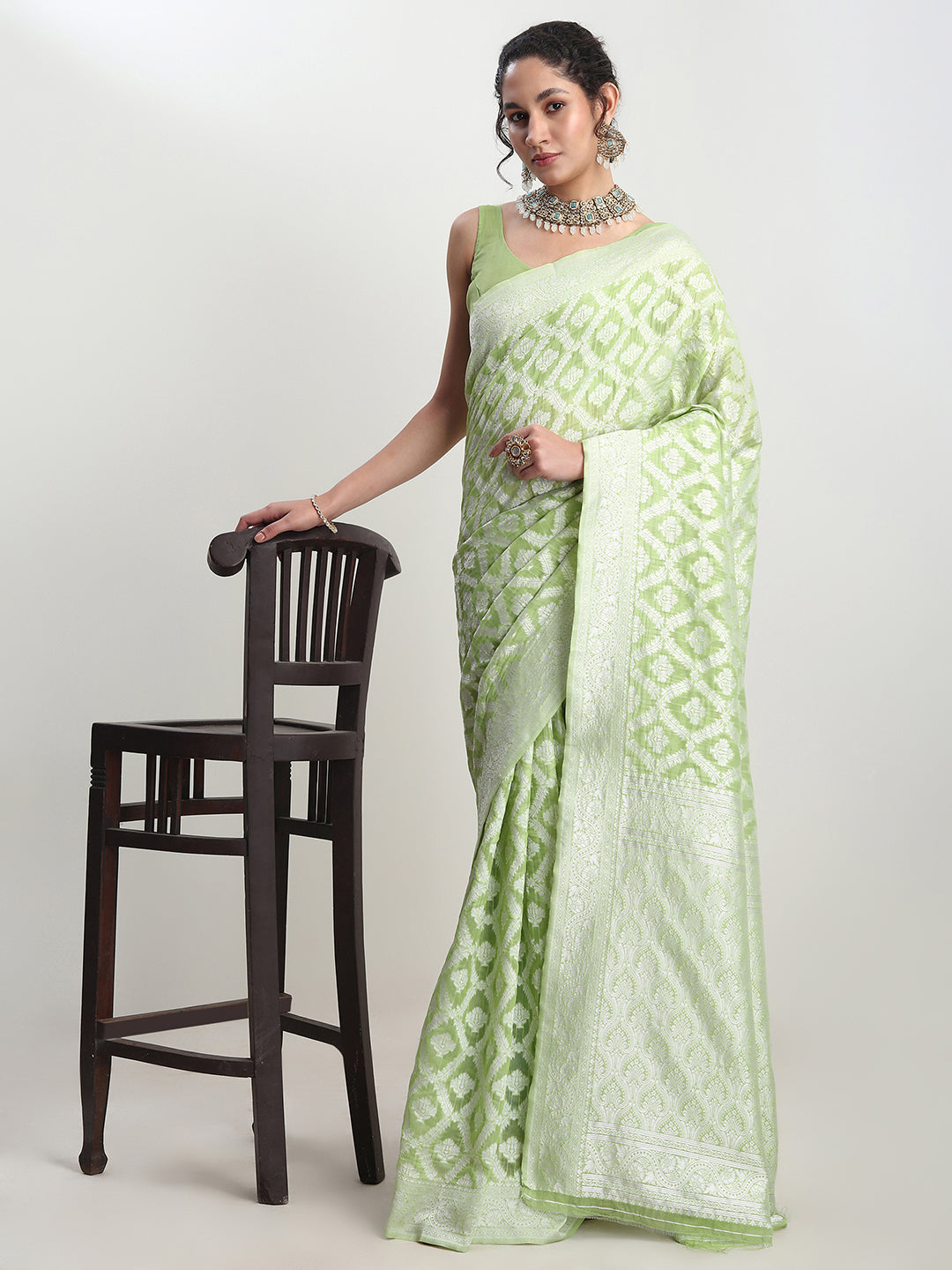Janasya Light Green Silk Blend Floral Jacquard Grab2Buy 