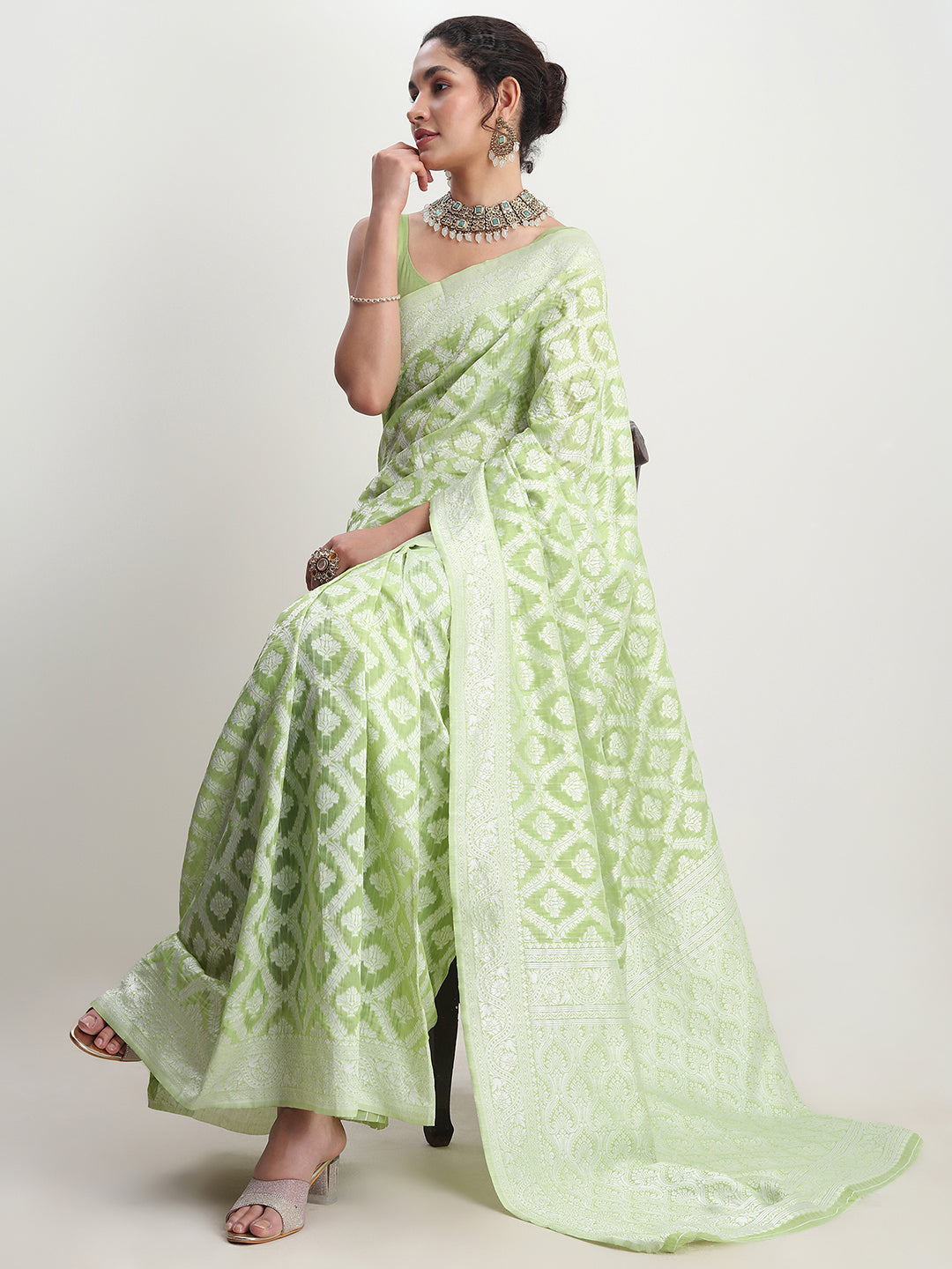 Janasya Light Green Silk Blend Floral Jacquard Grab2Buy 