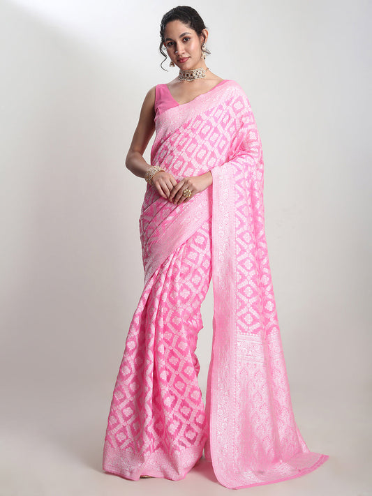 Janasya Pink Silk Blend Floral Jacquard Grab2Buy