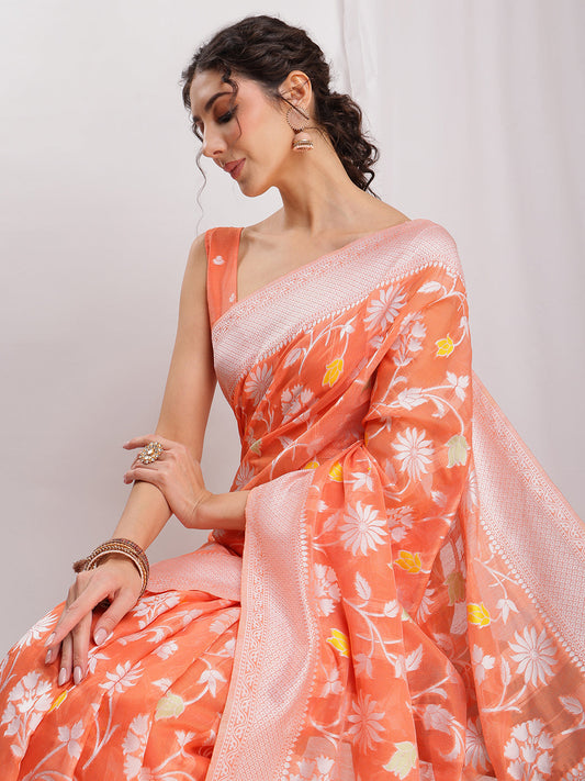 Janasya Peach Silk Blend Floral Jacquard Grab2Buy