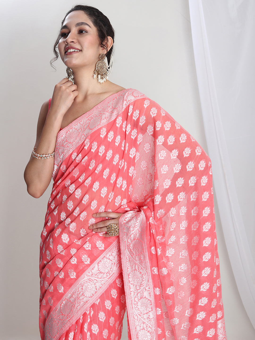 Janasya Coral Silk Blend Floral Jacquard Grab2Buy 