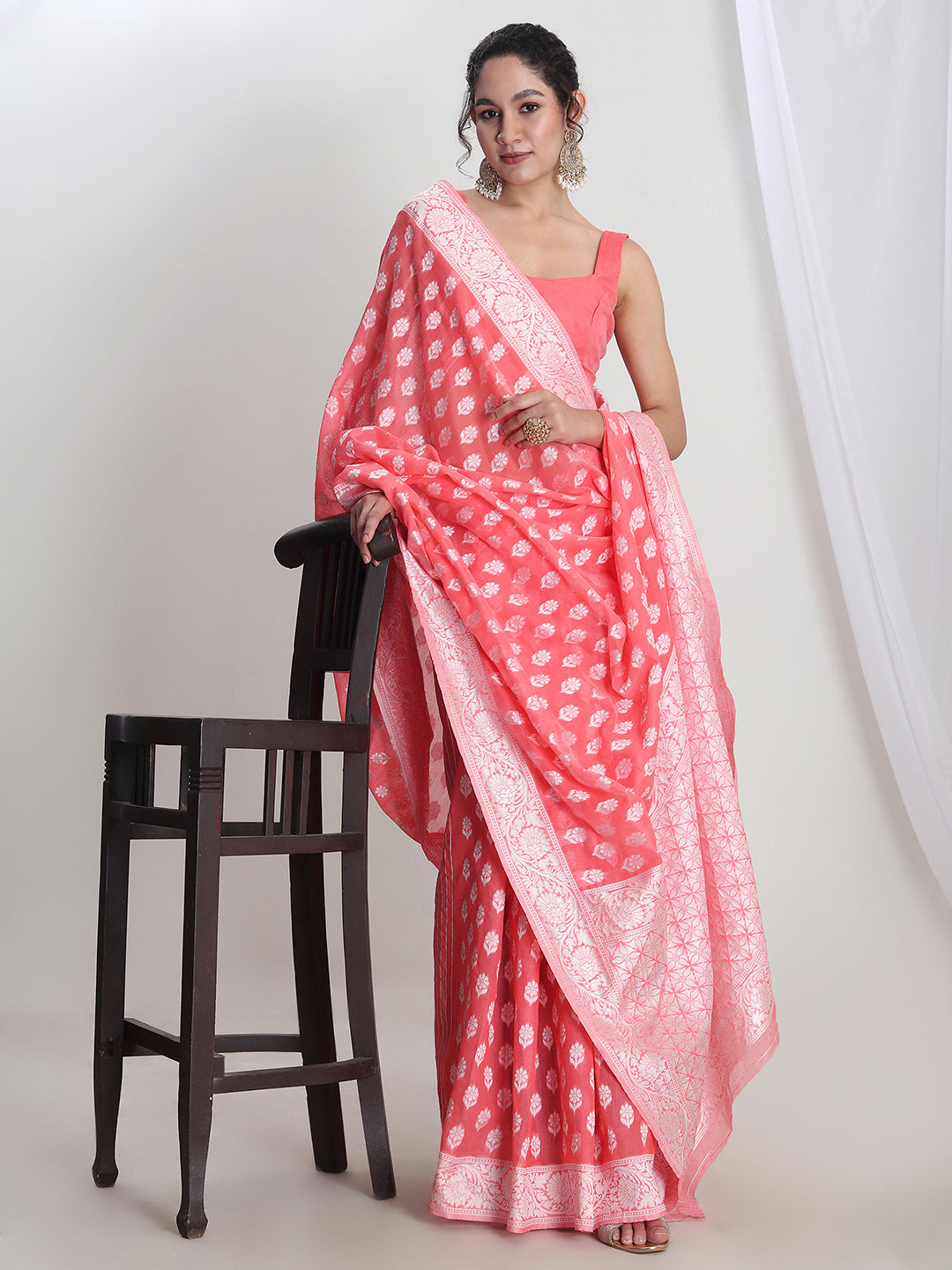 Janasya Coral Silk Blend Floral Jacquard Grab2Buy 