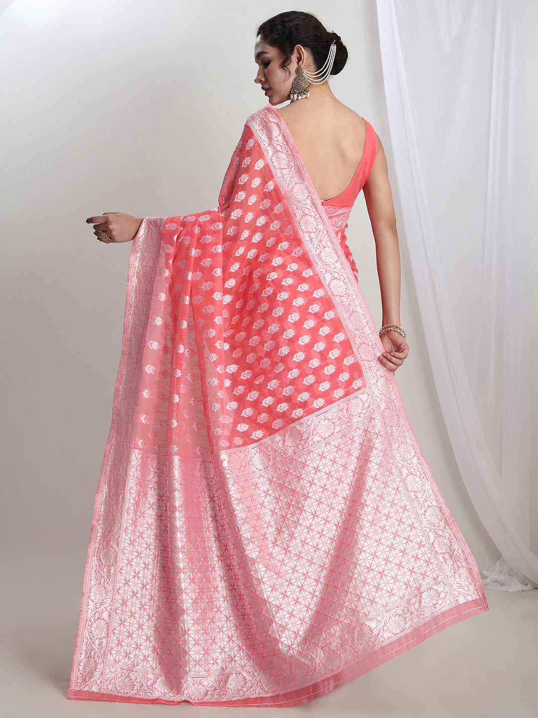 Janasya Coral Silk Blend Floral Jacquard Grab2Buy 