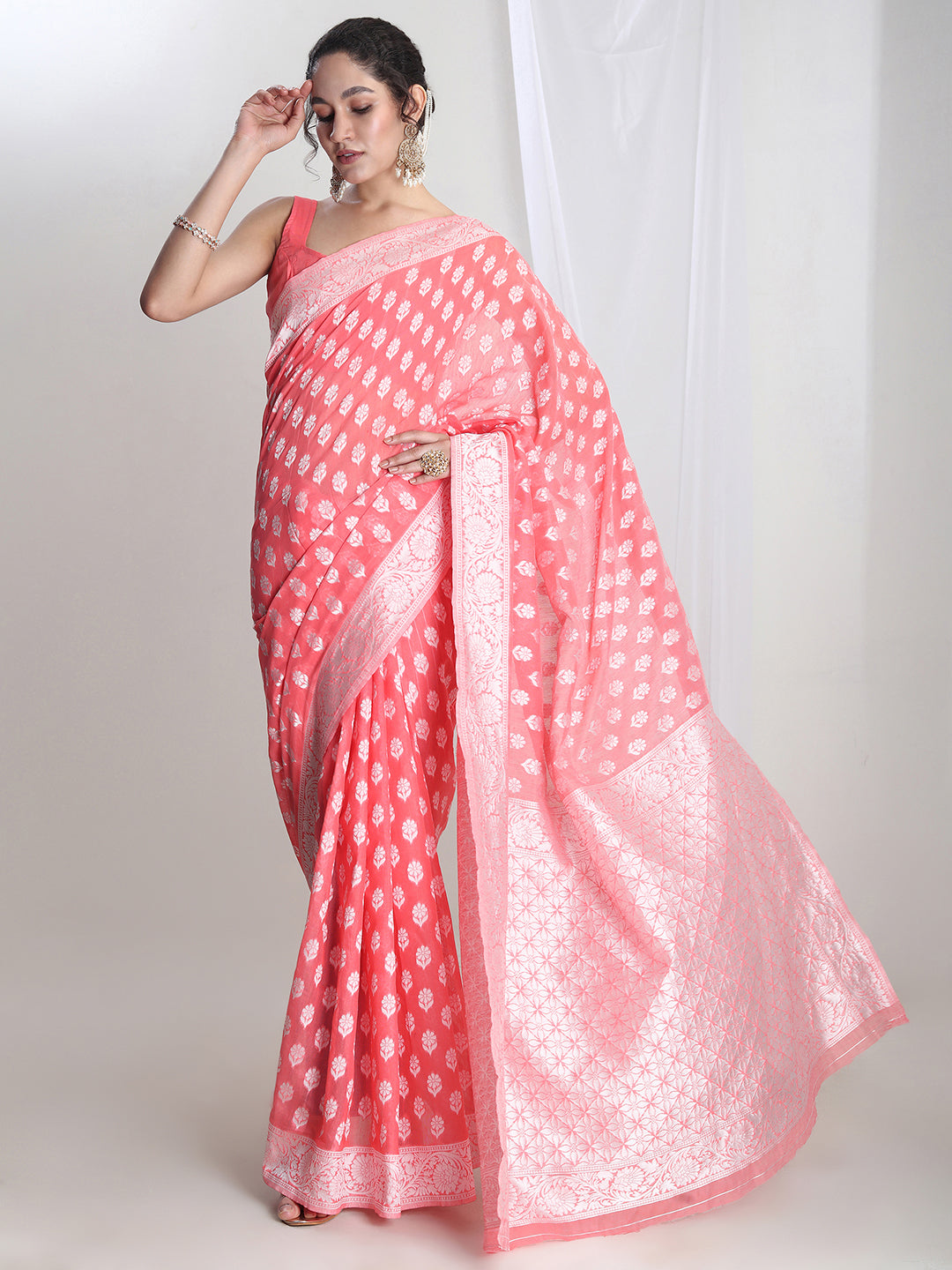 Janasya Coral Silk Blend Floral Jacquard Grab2Buy 