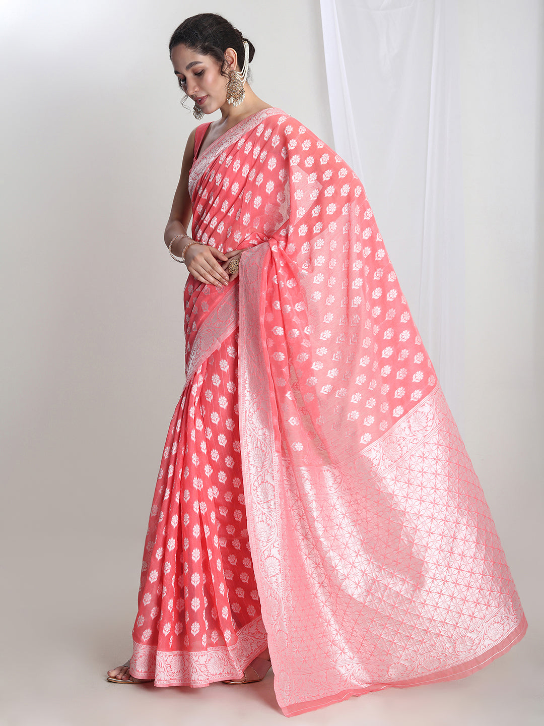 Janasya Coral Silk Blend Floral Jacquard Grab2Buy 