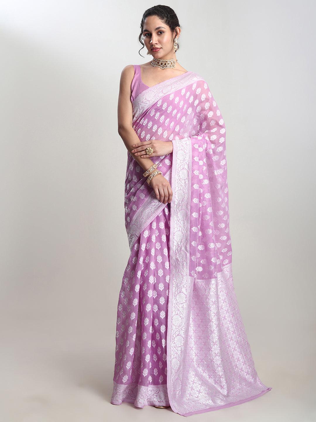 Janasya Lavender Silk Blend Floral Jacquard Grab2Buy 