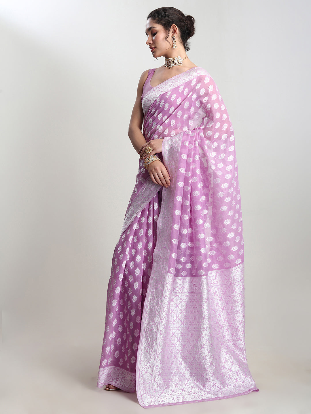 Janasya Lavender Silk Blend Floral Jacquard Grab2Buy 