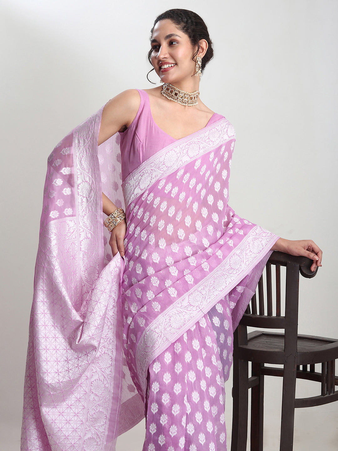 Janasya Lavender Silk Blend Floral Jacquard Grab2Buy 