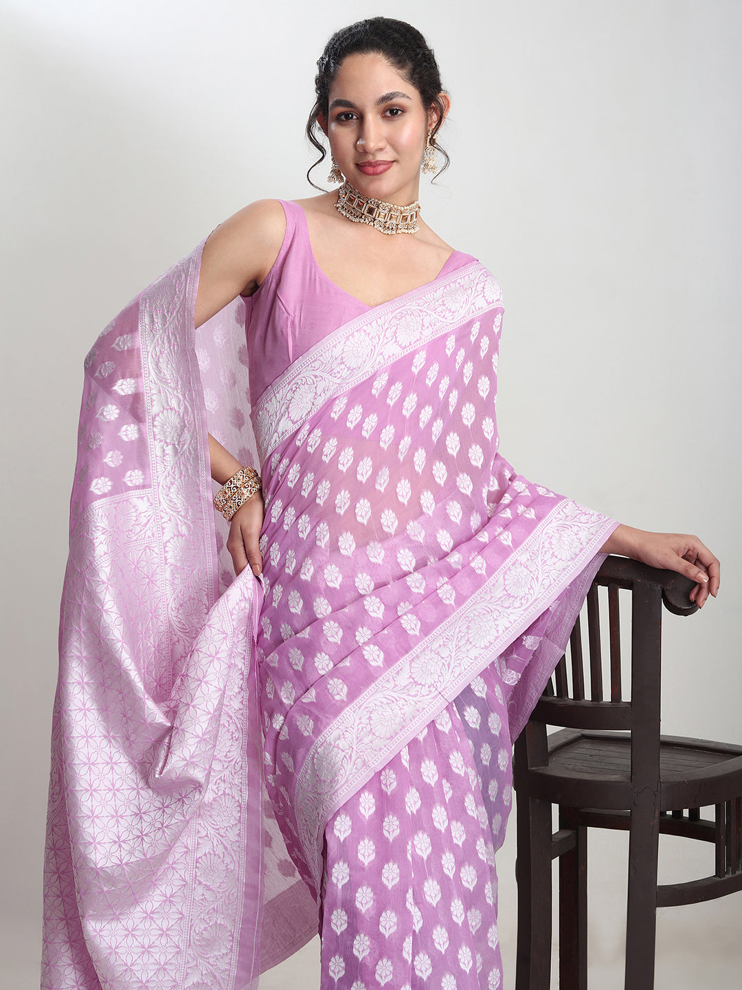 Janasya Lavender Silk Blend Floral Jacquard Grab2Buy 