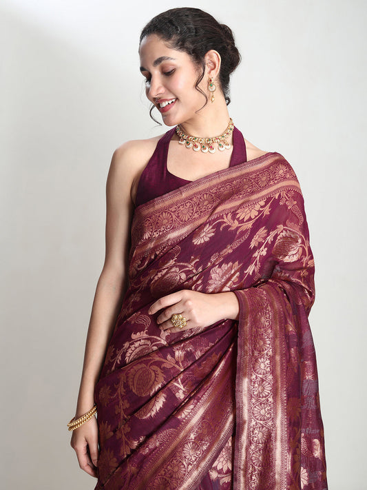 Janasya Purple Silk Blend Floral Jacquard Grab2Buy 