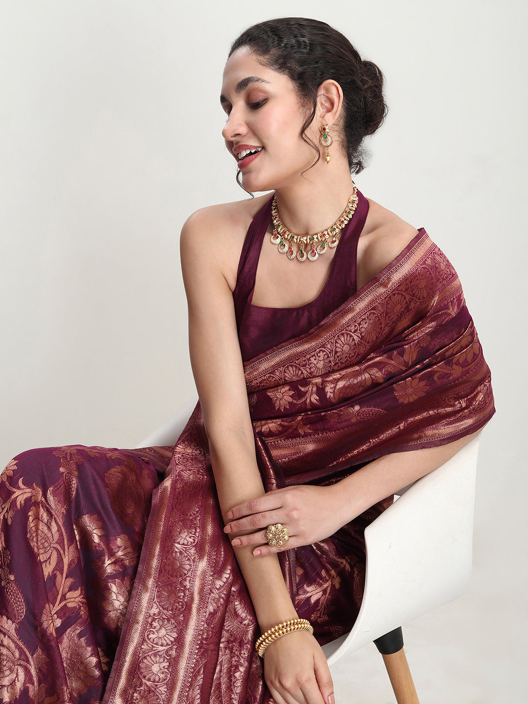 Janasya Purple Silk Blend Floral Jacquard Grab2Buy 
