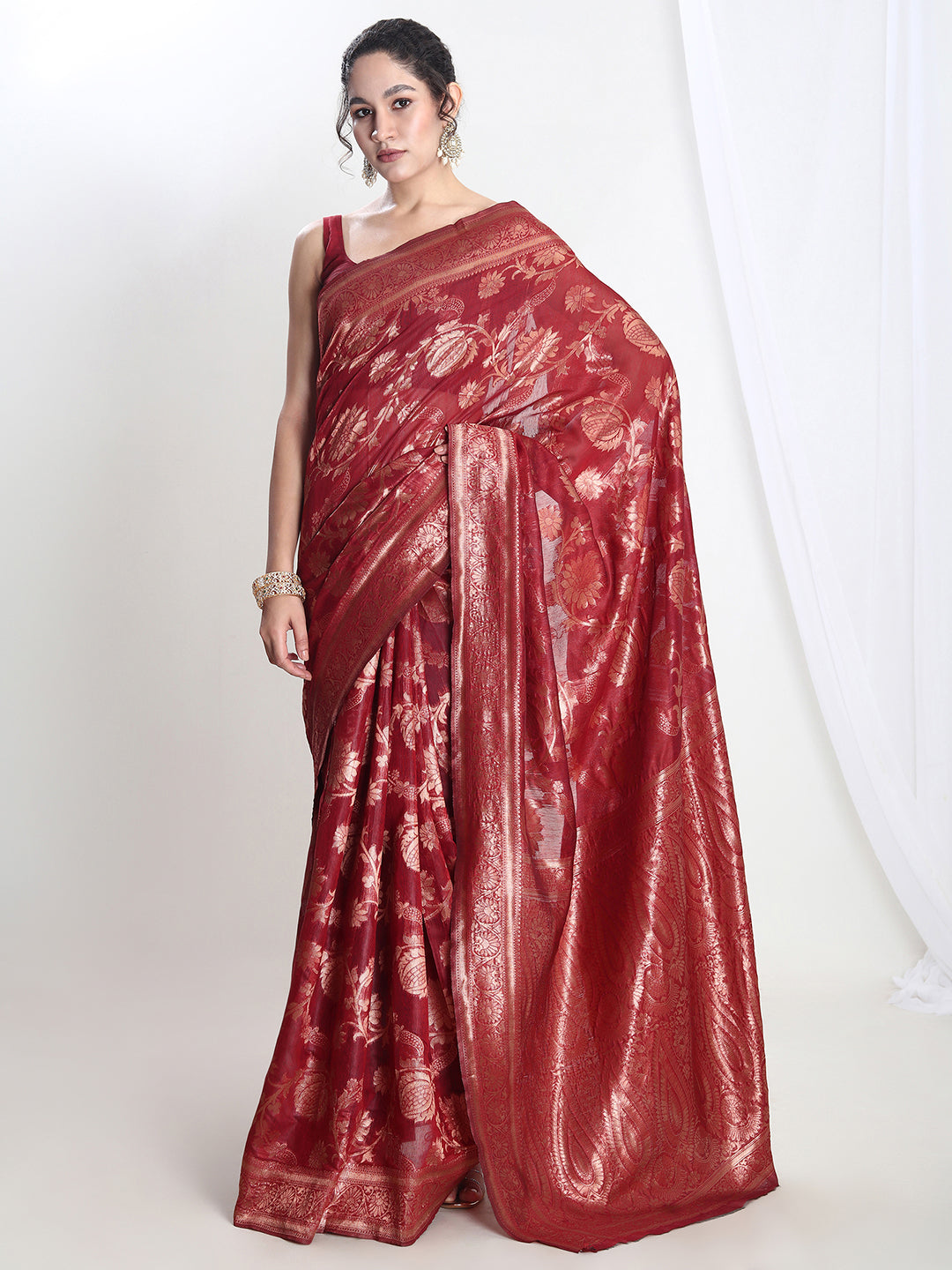 Janasya Red Silk Blend Floral Jacquard Grab2Buy 