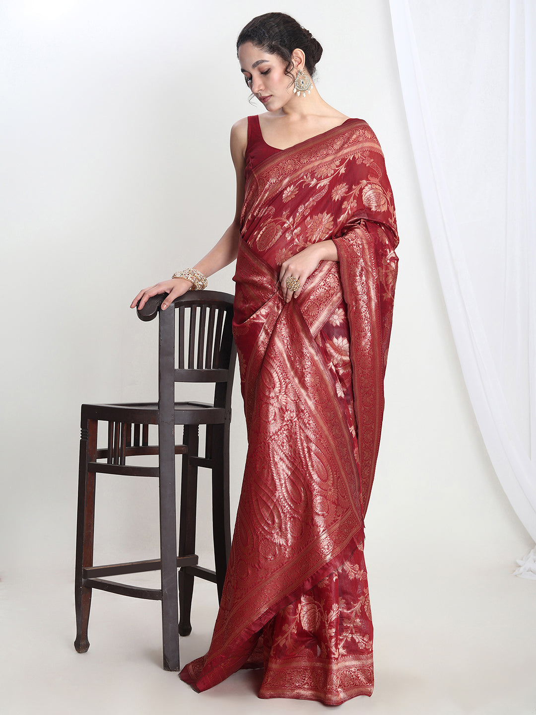 Janasya Red Silk Blend Floral Jacquard Grab2Buy 