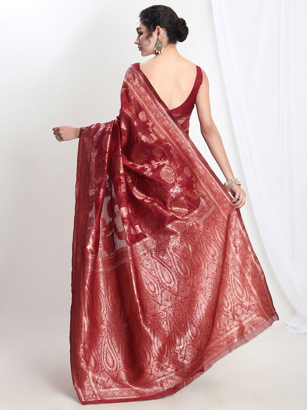 Janasya Red Silk Blend Floral Jacquard Grab2Buy 