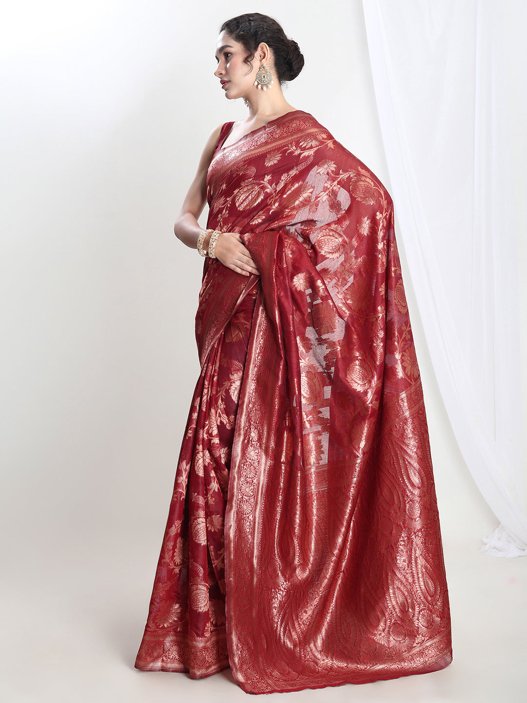 Janasya Red Silk Blend Floral Jacquard Grab2Buy 