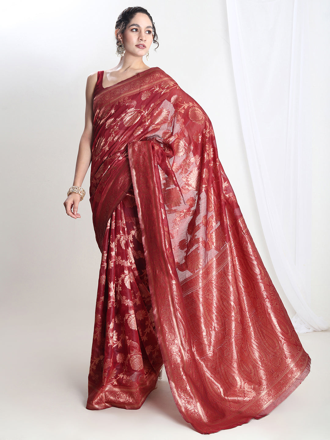 Janasya Red Silk Blend Floral Jacquard Grab2Buy 