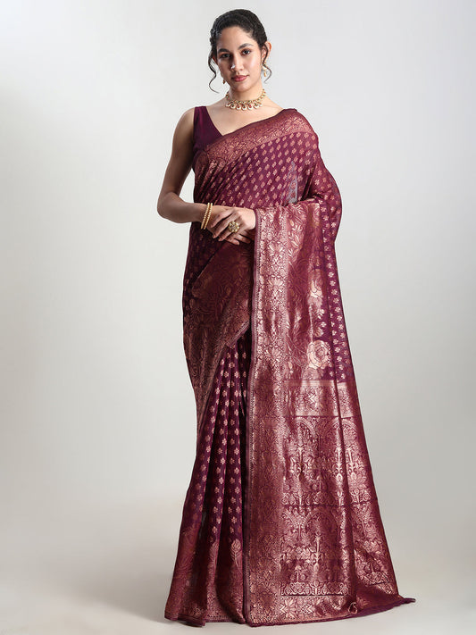 Janasya Purple Silk Blend Floral Jacquard Grab2Buy 