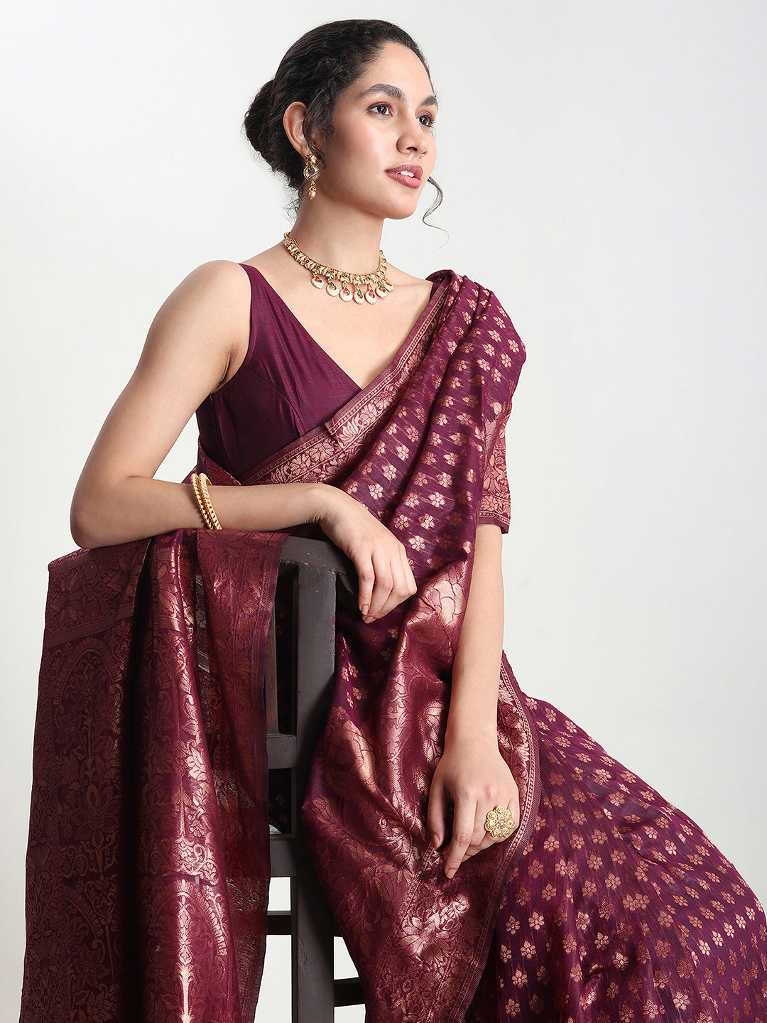 Janasya Purple Silk Blend Floral Jacquard Grab2Buy 