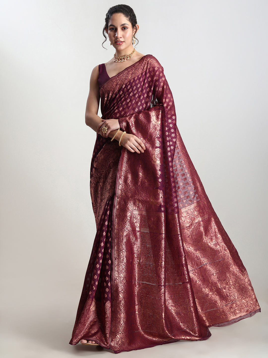 Janasya Purple Silk Blend Floral Jacquard Grab2Buy 