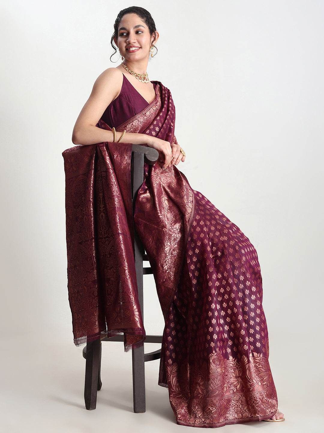 Janasya Purple Silk Blend Floral Jacquard Grab2Buy 