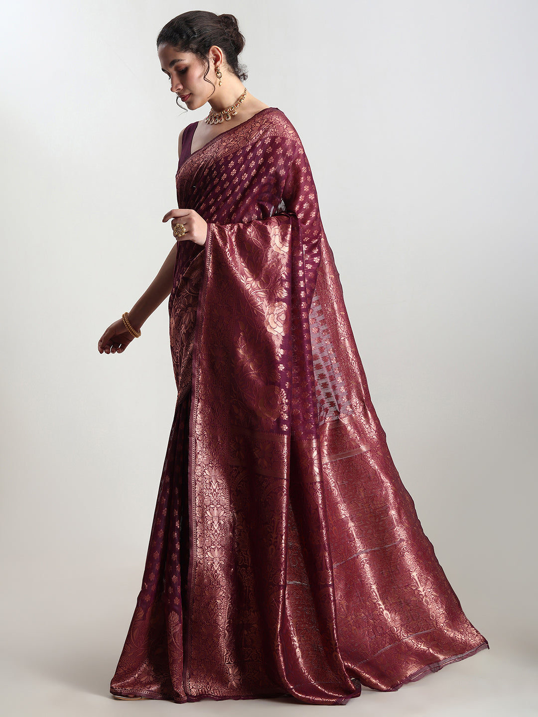 Janasya Purple Silk Blend Floral Jacquard Grab2Buy 