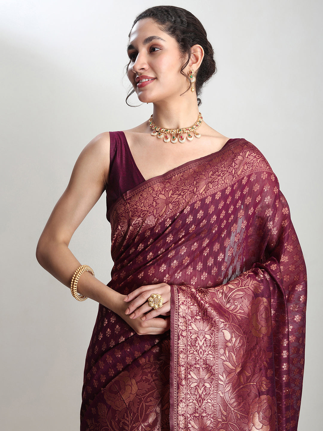 Janasya Purple Silk Blend Floral Jacquard Grab2Buy 