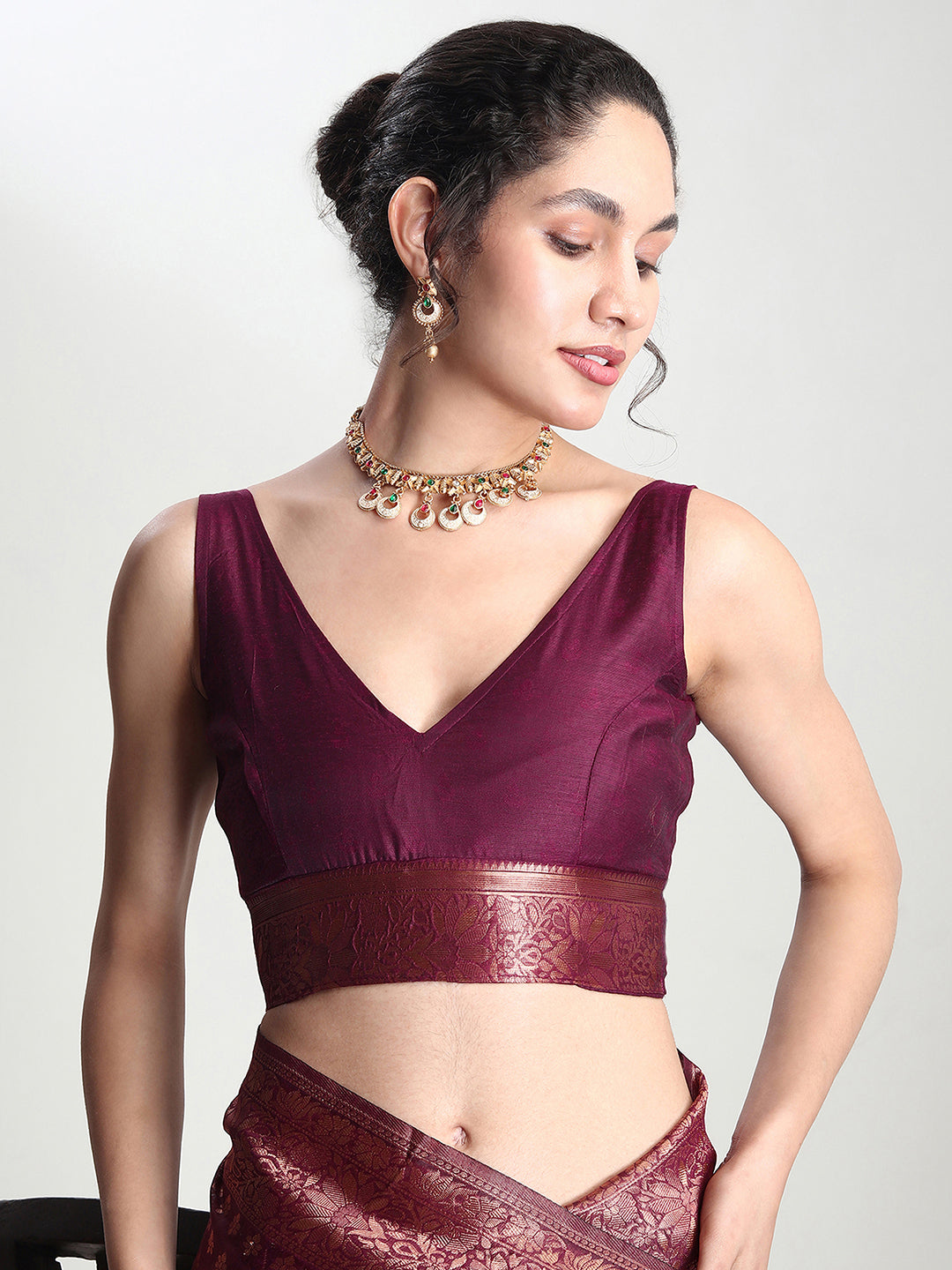 Janasya Purple Silk Blend Floral Jacquard Grab2Buy 