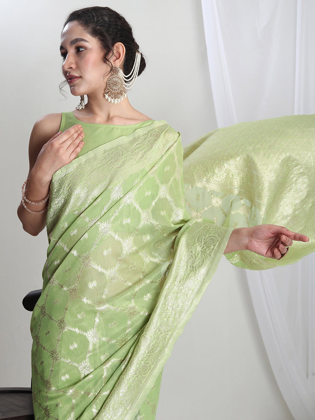 Janasya Light Green Silk Blend Geometric Jacquard Grab2Buy 