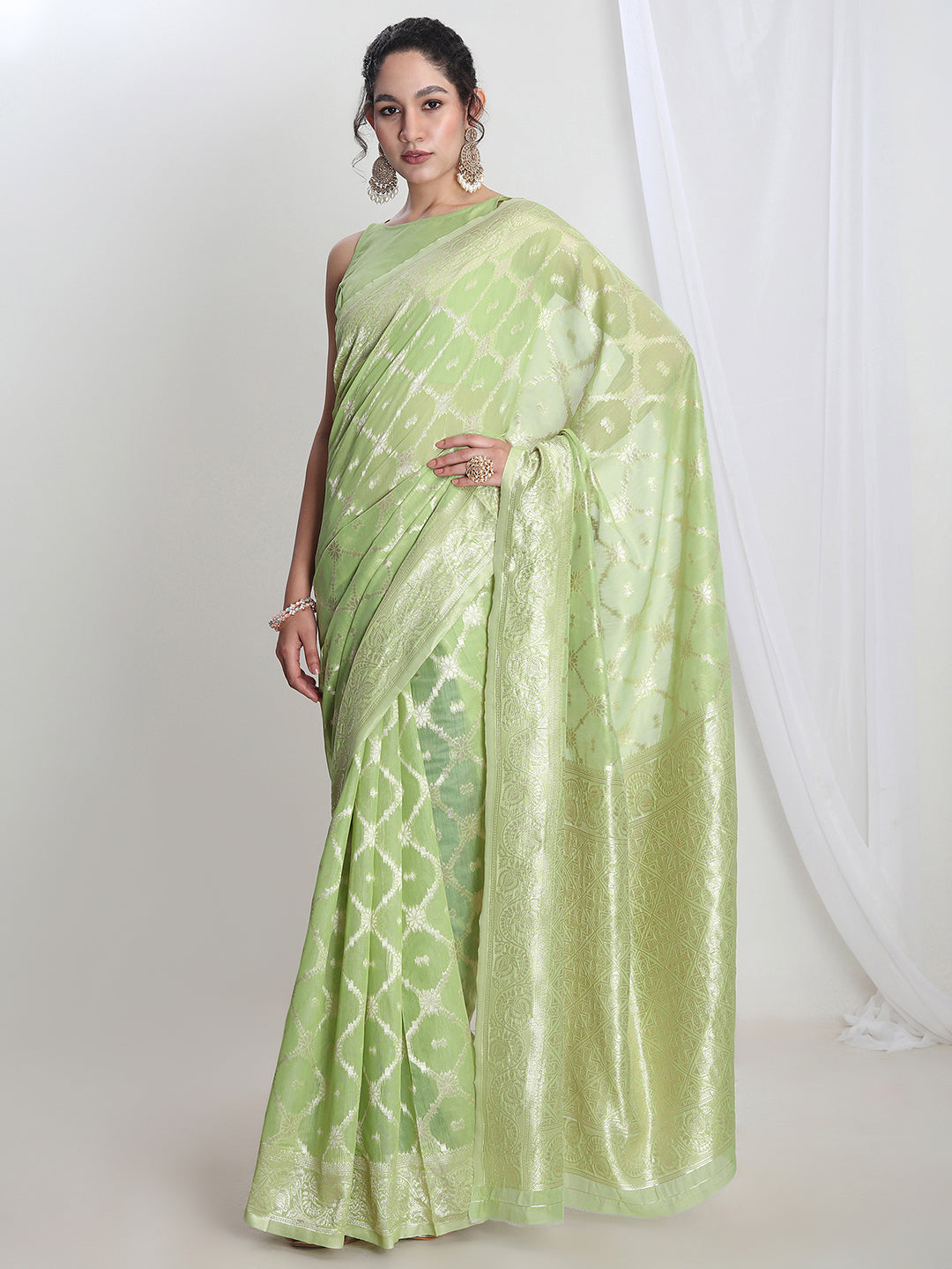 Janasya Light Green Silk Blend Geometric Jacquard Grab2Buy 