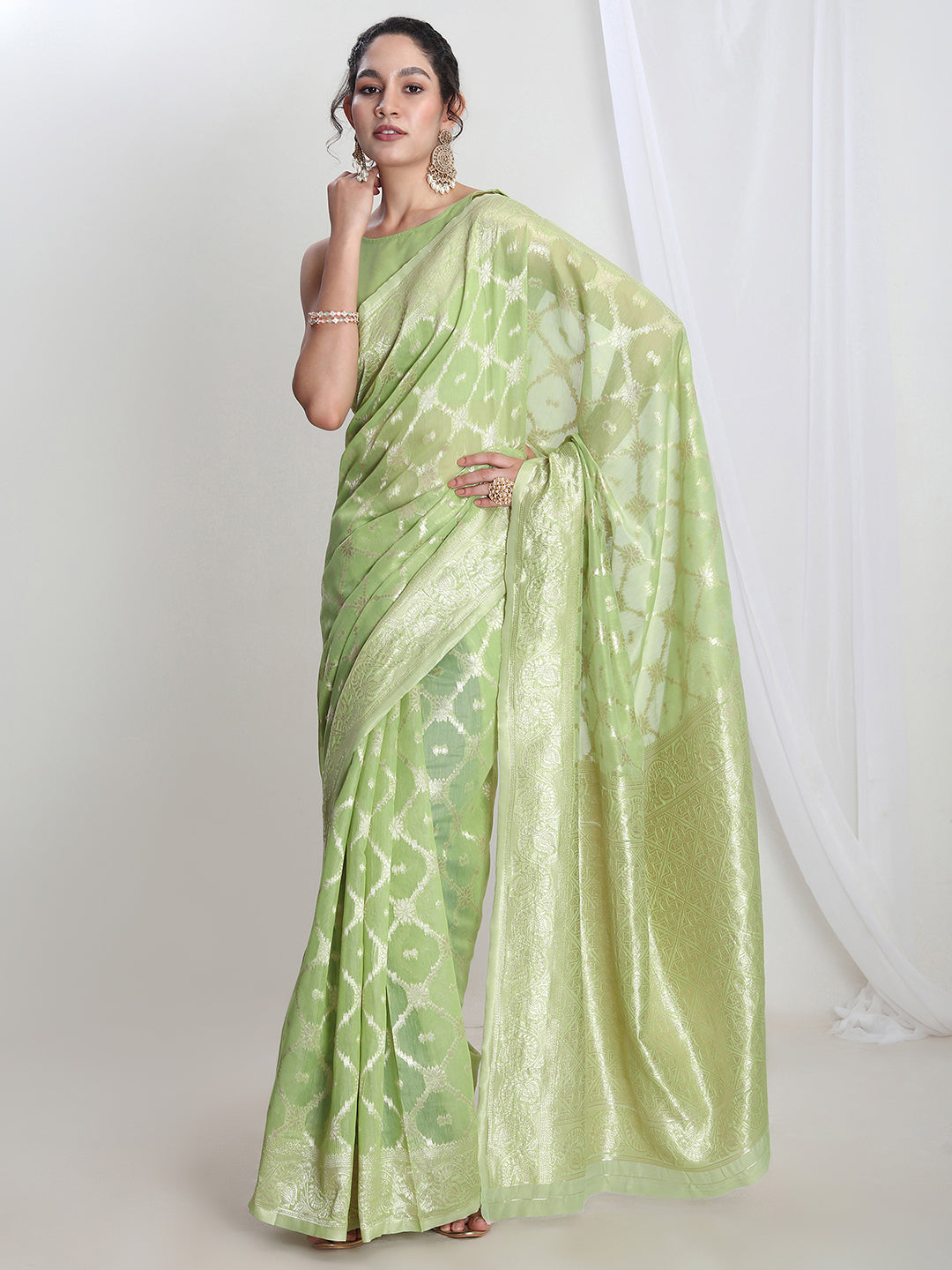 Janasya Light Green Silk Blend Geometric Jacquard Grab2Buy 