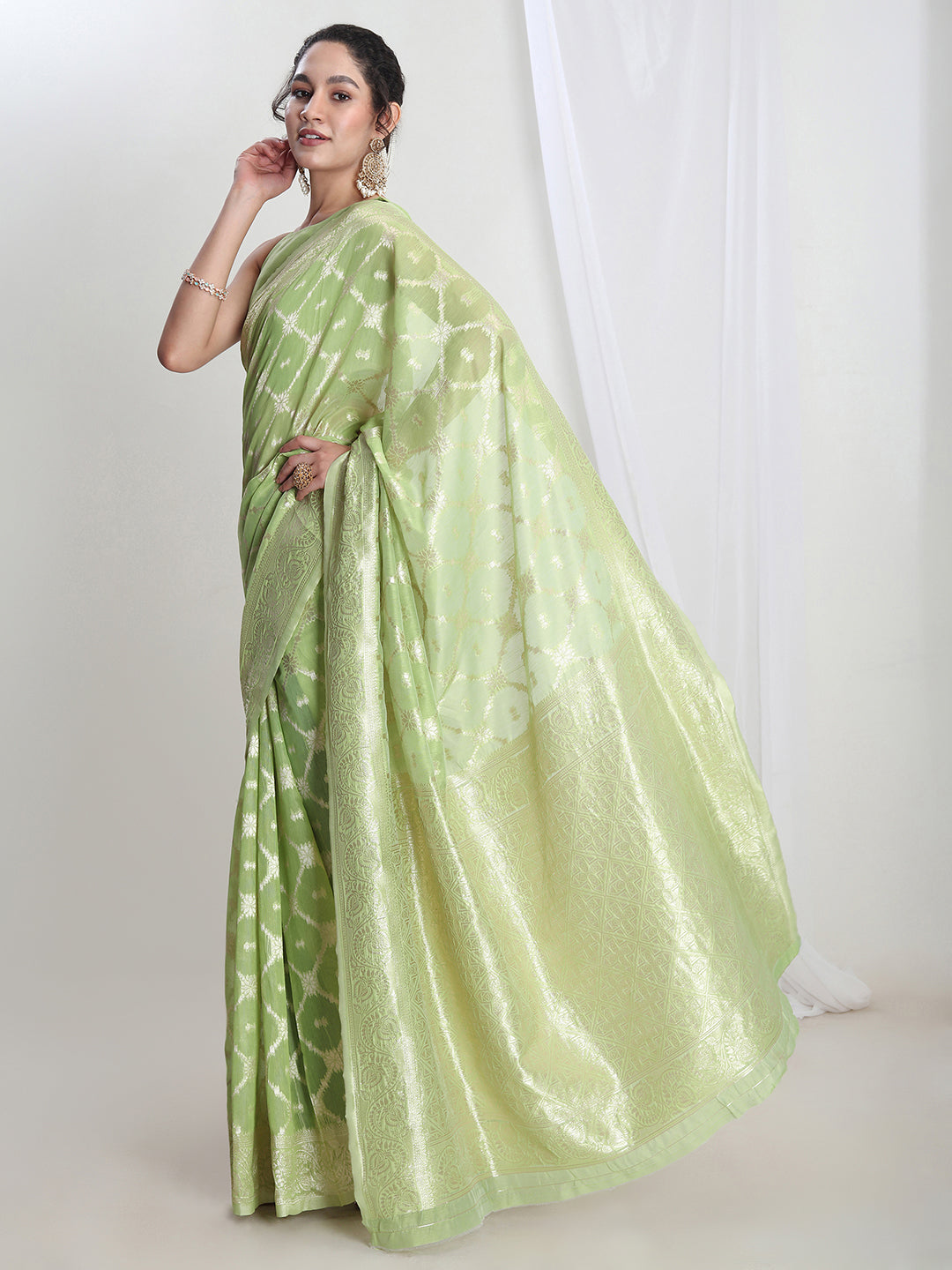 Janasya Light Green Silk Blend Geometric Jacquard Grab2Buy 