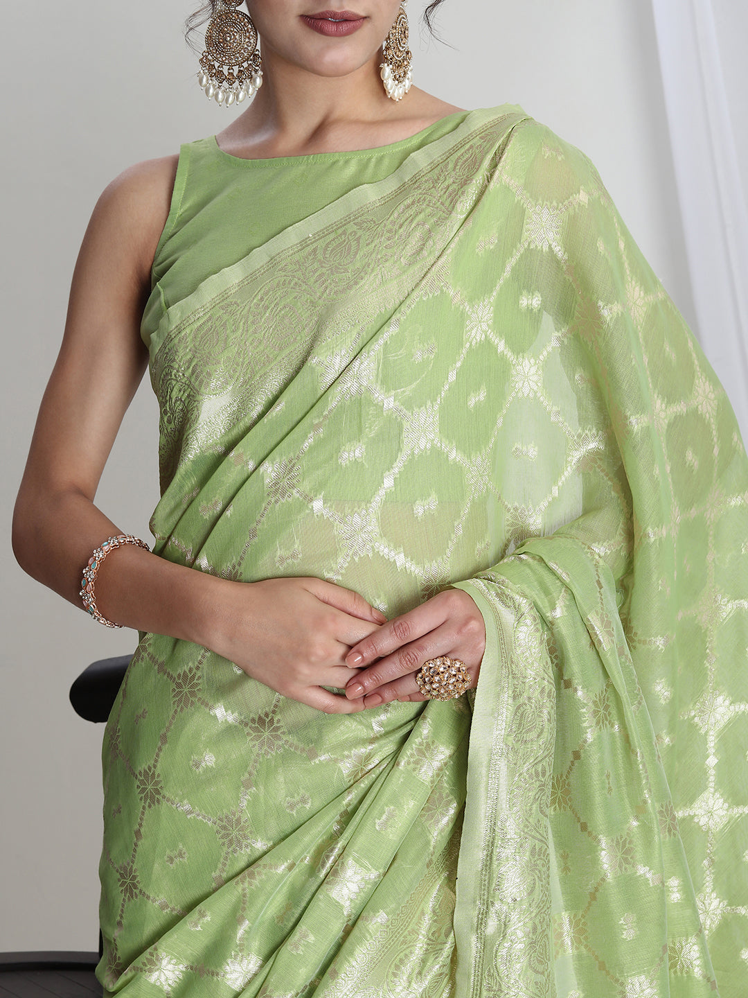 Janasya Light Green Silk Blend Geometric Jacquard Grab2Buy 