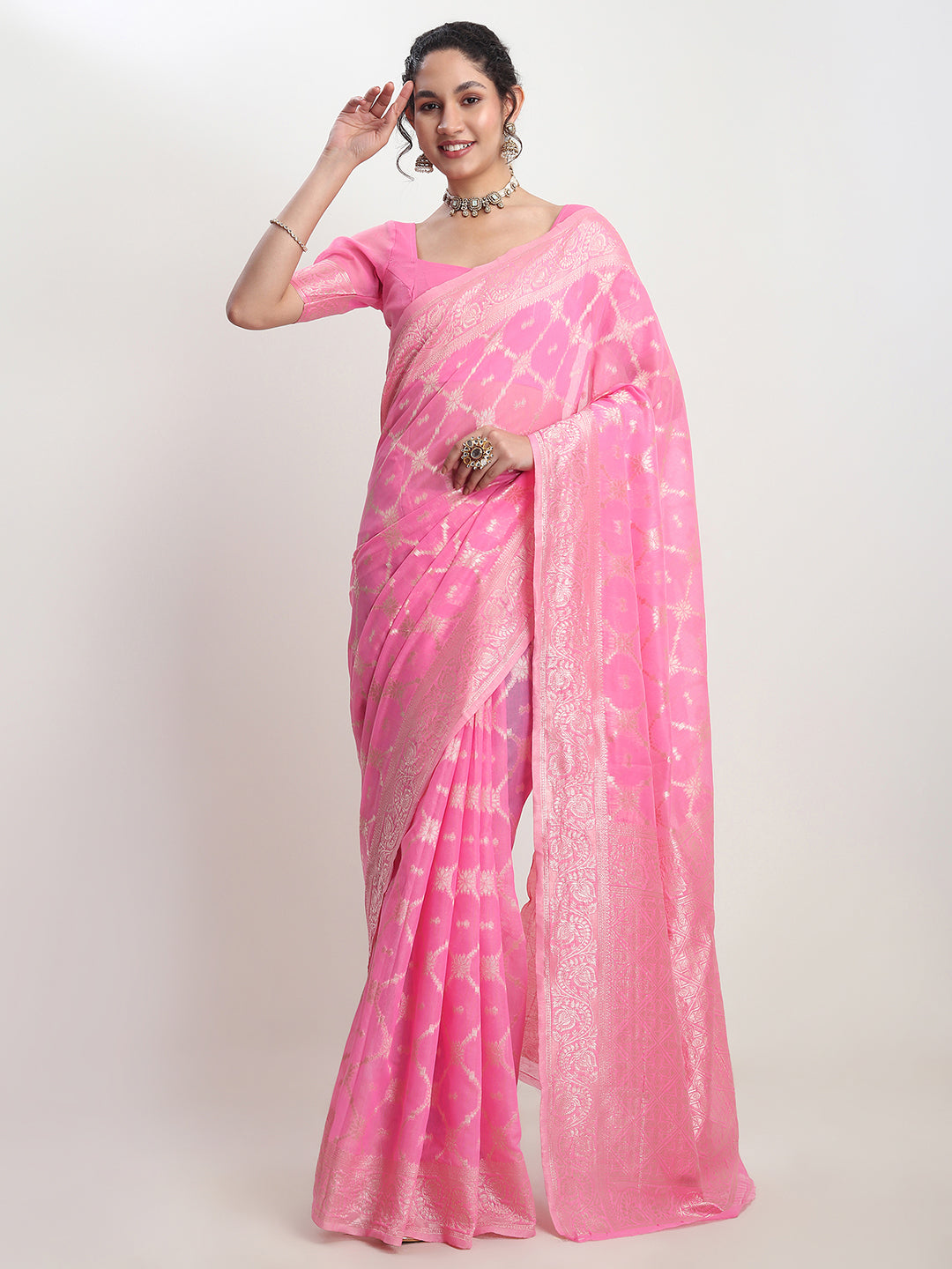 Janasya Pink Silk Blend Geometric Jacquard Grab2Buy 