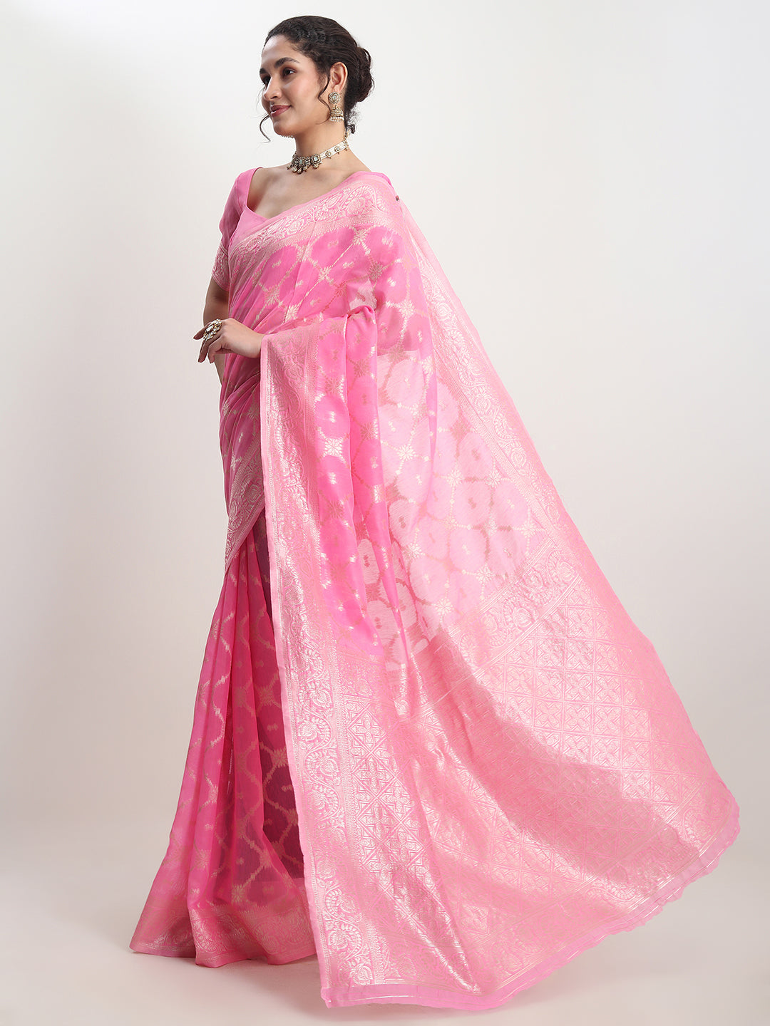 Janasya Pink Silk Blend Geometric Jacquard Grab2Buy 