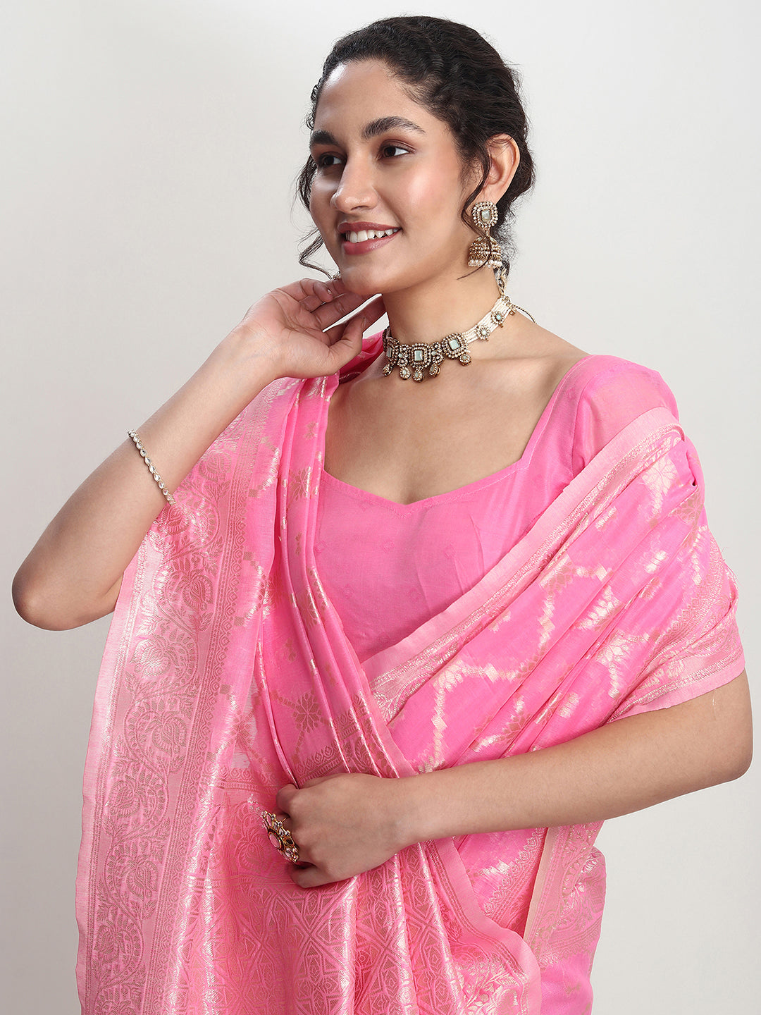 Janasya Pink Silk Blend Geometric Jacquard Grab2Buy 