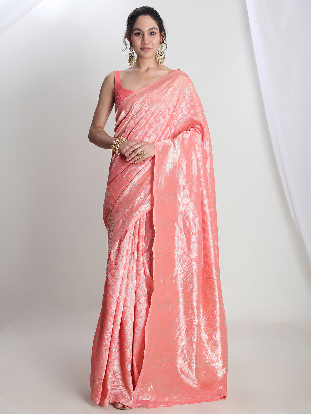 Janasya Peach Silk Blend Leaf Motifs Jacquard Grab2Buy 