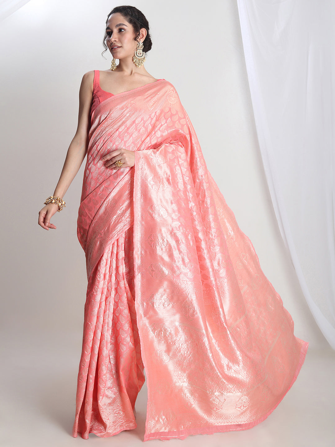 Janasya Peach Silk Blend Leaf Motifs Jacquard Grab2Buy 